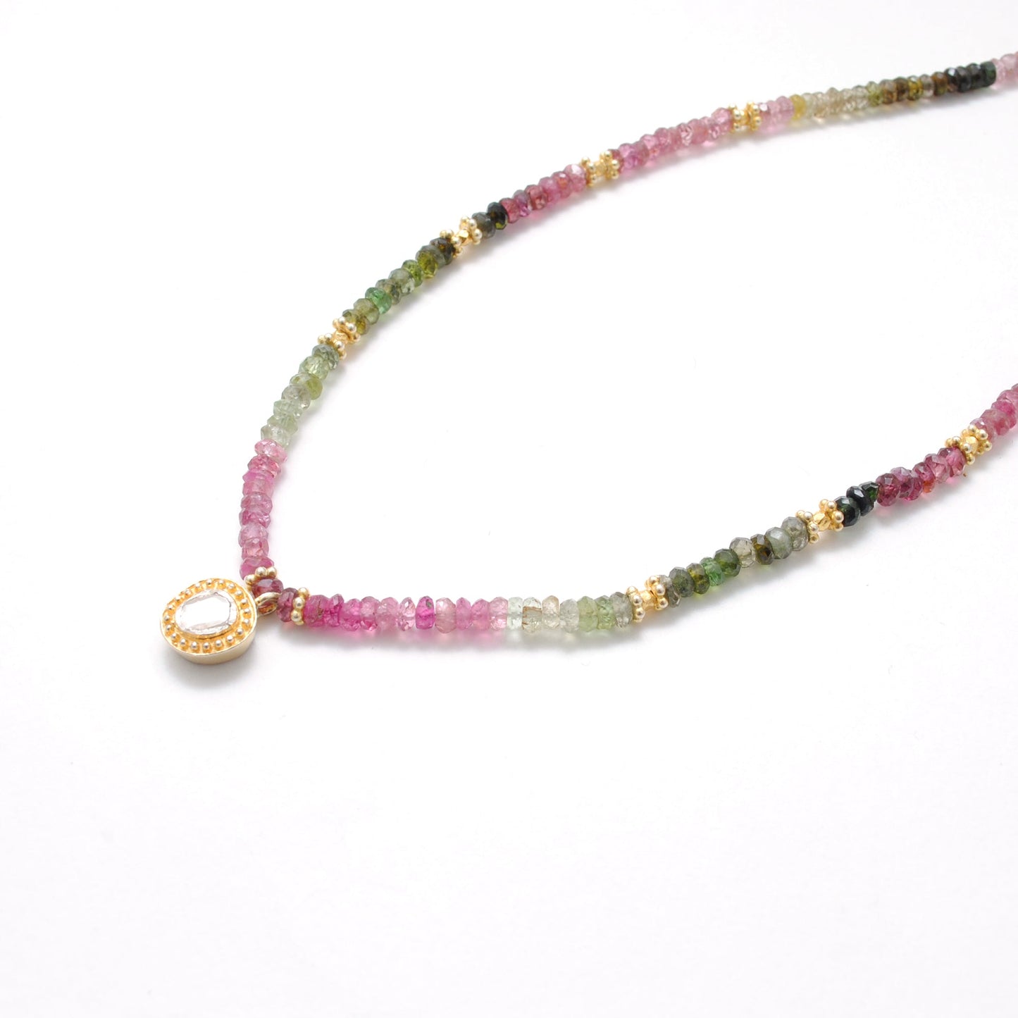 925 Sterling Silver Tourmaline Rondelle Beaded Necklace with Rose Cut Diamond Pendant, Handmade Gift