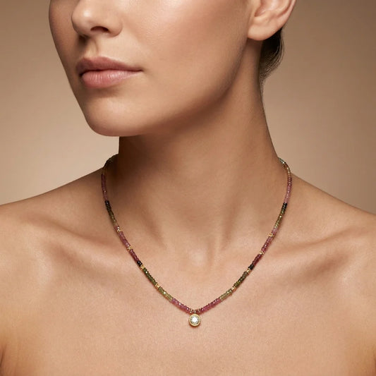 925 Sterling Silver Tourmaline Rondelle Beaded Necklace with Rose Cut Diamond Pendant, Handmade Gift
