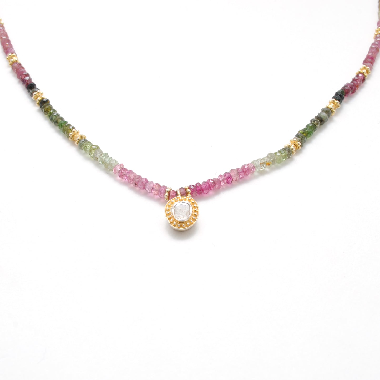 Tourmaline Beaded Necklace with Polki Diamond Pendant – 925 Silver Handmade Jewelry