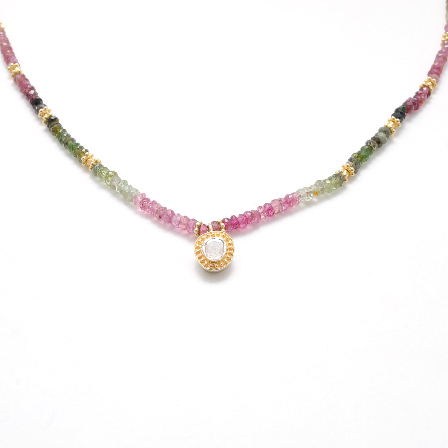 925 Sterling Silver Tourmaline Rondelle Beaded Necklace with Rose Cut Diamond Pendant, Handmade Gift