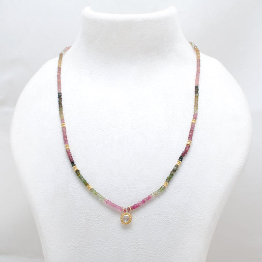 Tourmaline Beaded Necklace with Polki Diamond Pendant – 925 Silver Handmade Jewelry