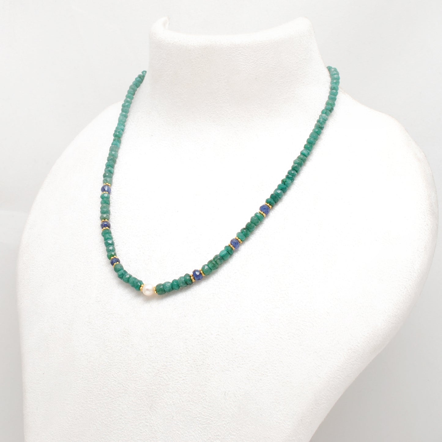Emerald Rondelle Beads 18k Gold Plated Pearl & Blue Sapphire Beaded Necklace