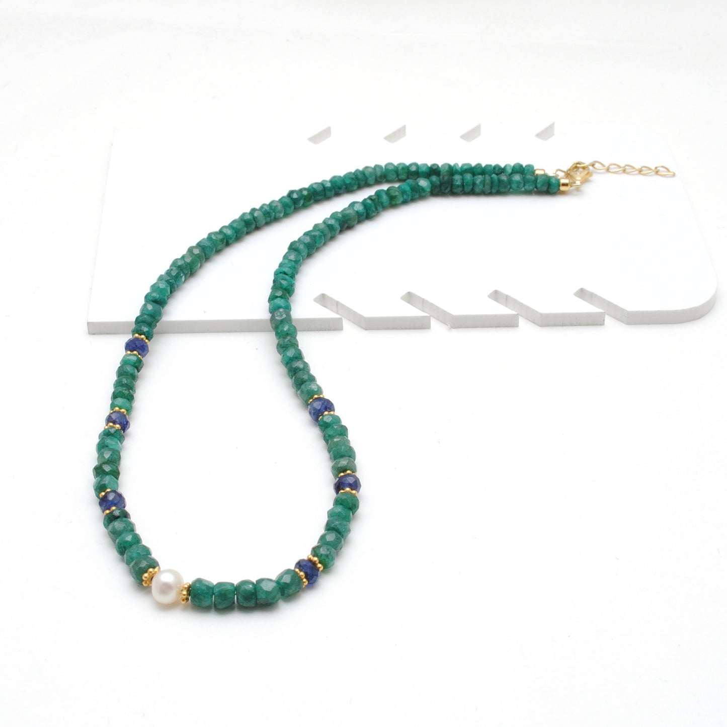 Emerald Rondelle Beads 18k Gold Plated Pearl & Blue Sapphire Beaded Necklace