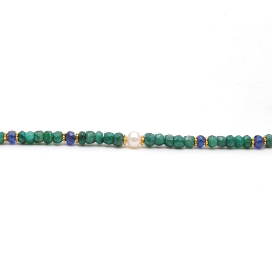 Emerald Rondelle Beads 18k Gold Plated Pearl & Blue Sapphire Beaded Necklace - view 3