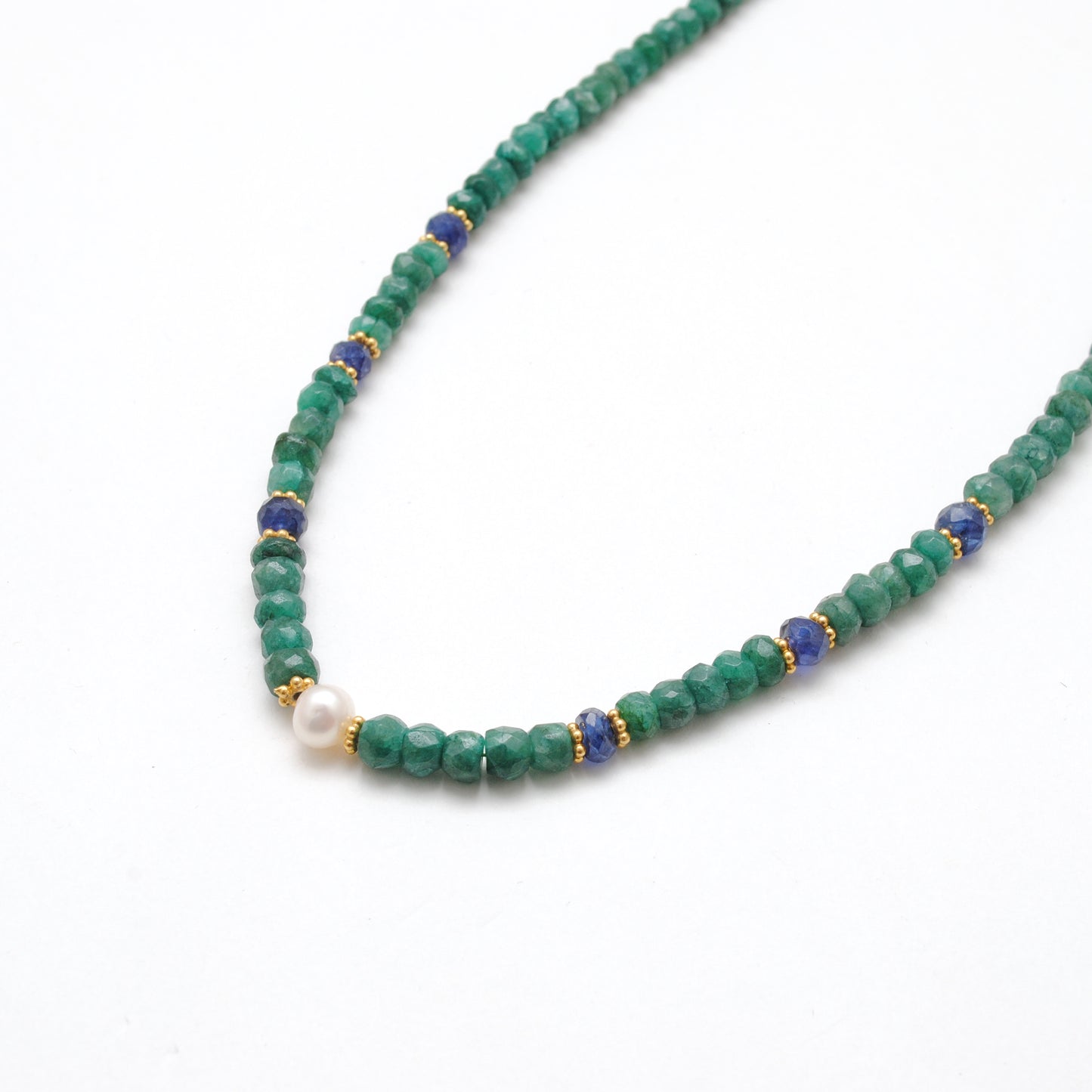 Emerald Rondelle Beads 18k Gold Plated Pearl & Blue Sapphire Beaded Necklace