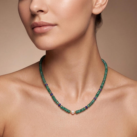 Emerald Rondelle Beads 18k Gold Plated Pearl & Blue Sapphire Beaded Necklace