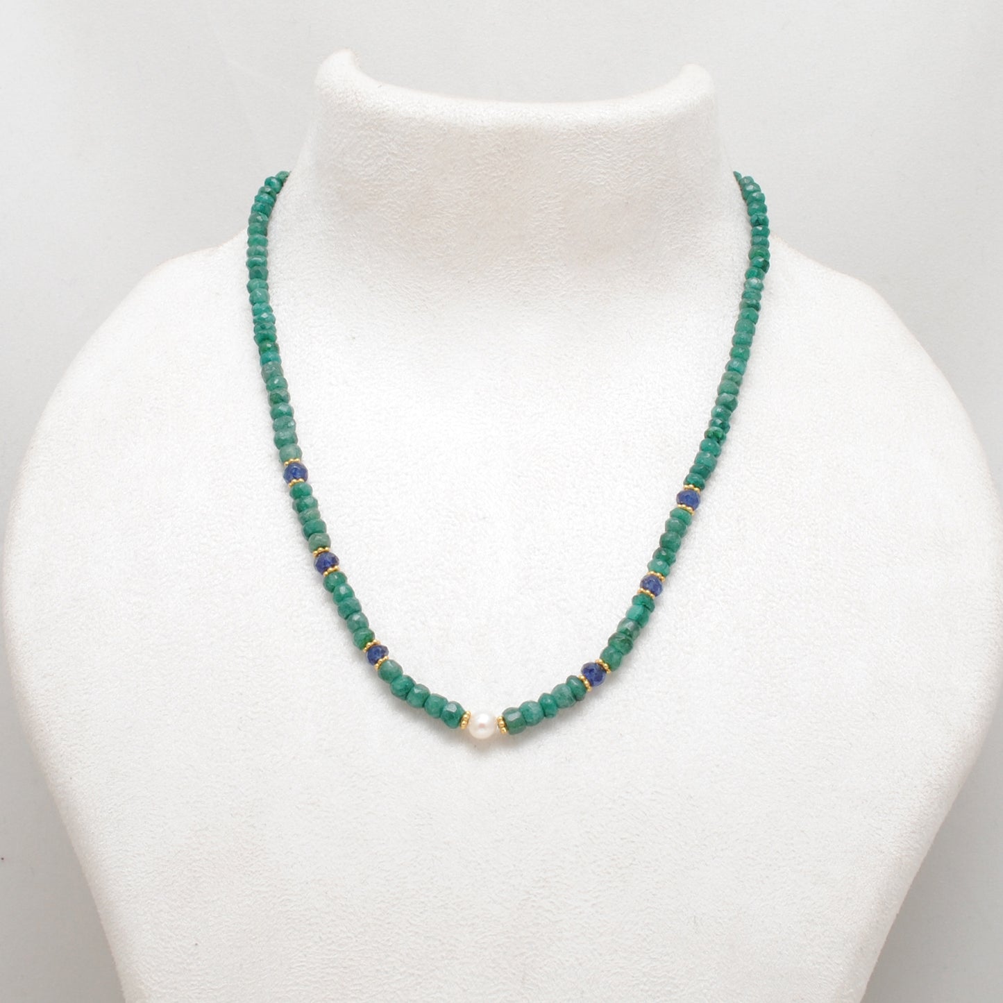 Emerald Rondelle Beads 18k Gold Plated Pearl & Blue Sapphire Beaded Necklace