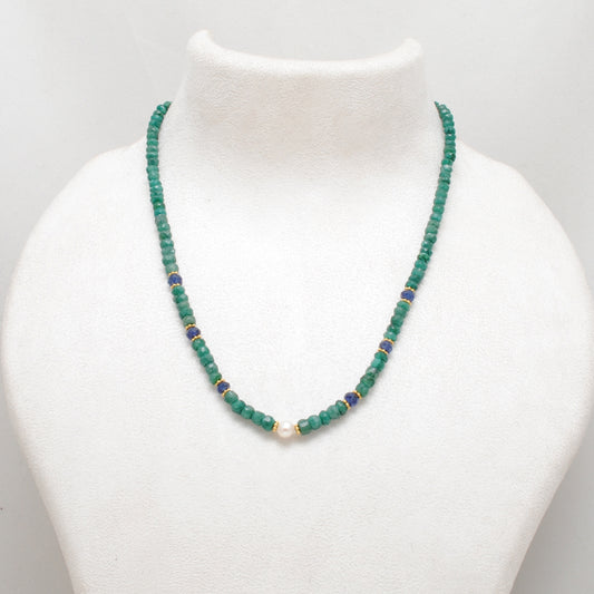 Emerald Rondelle Beads 18k Gold Plated Pearl & Blue Sapphire Beaded Necklace
