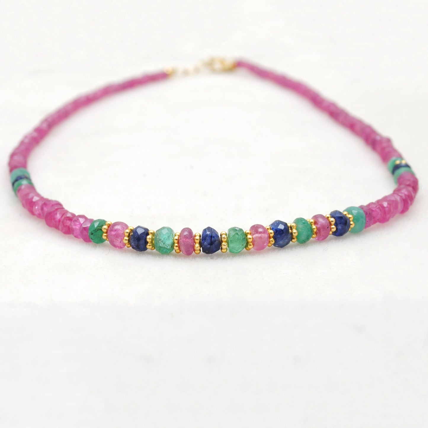 Natural Ruby & Emerald Beaded Necklace – 925 Sterling Silver 18"