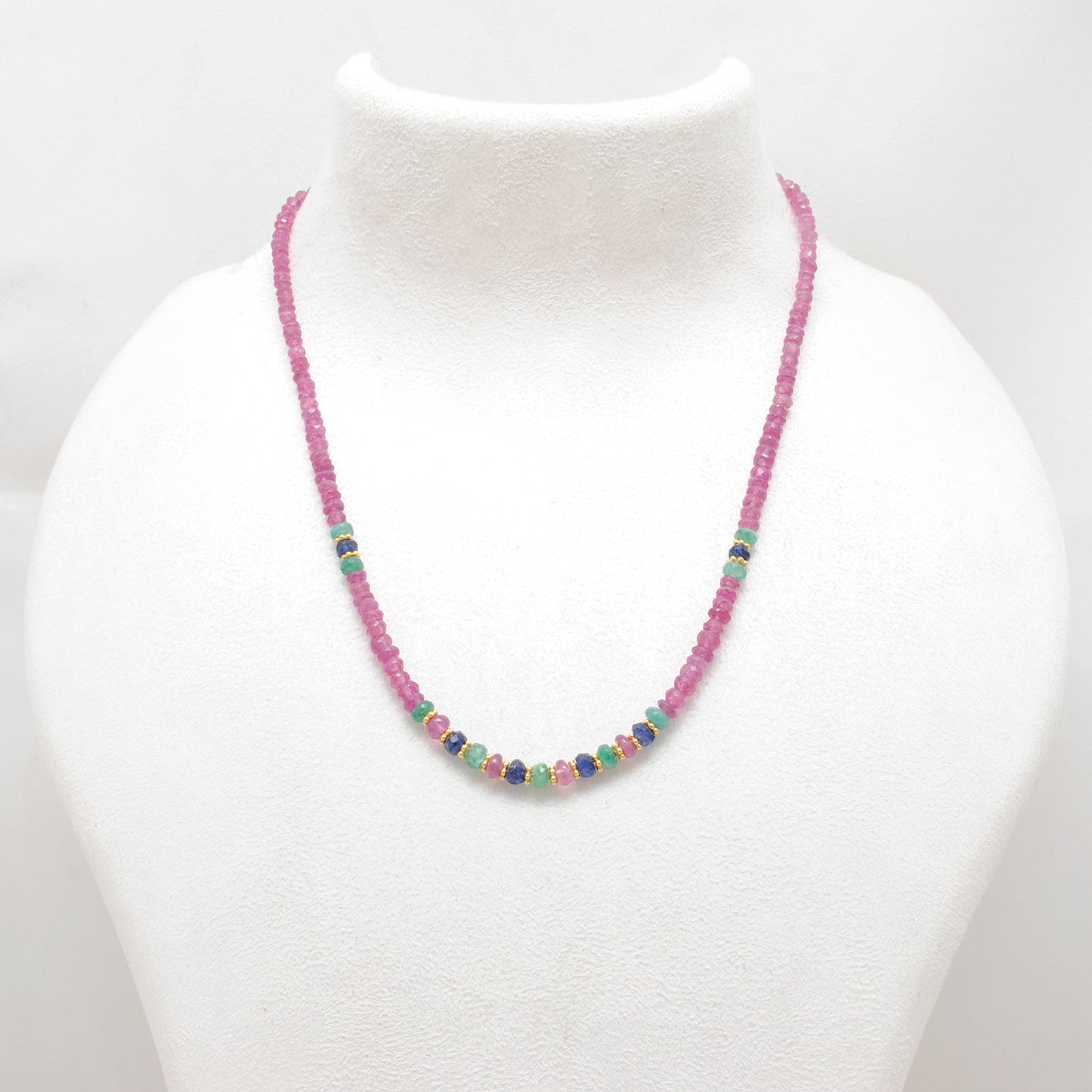 Natural Ruby & Emerald Beaded Necklace – 925 Sterling Silver 18"