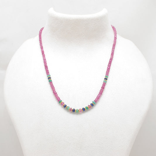 Natural Ruby & Emerald Beaded Necklace – 925 Sterling Silver 18"