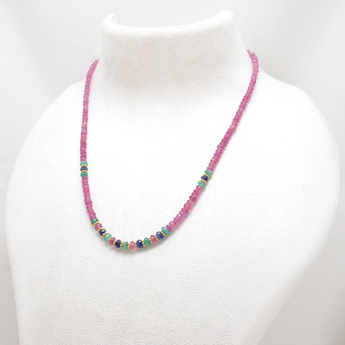 Natural Ruby & Emerald Beaded Necklace – 925 Sterling Silver 18"