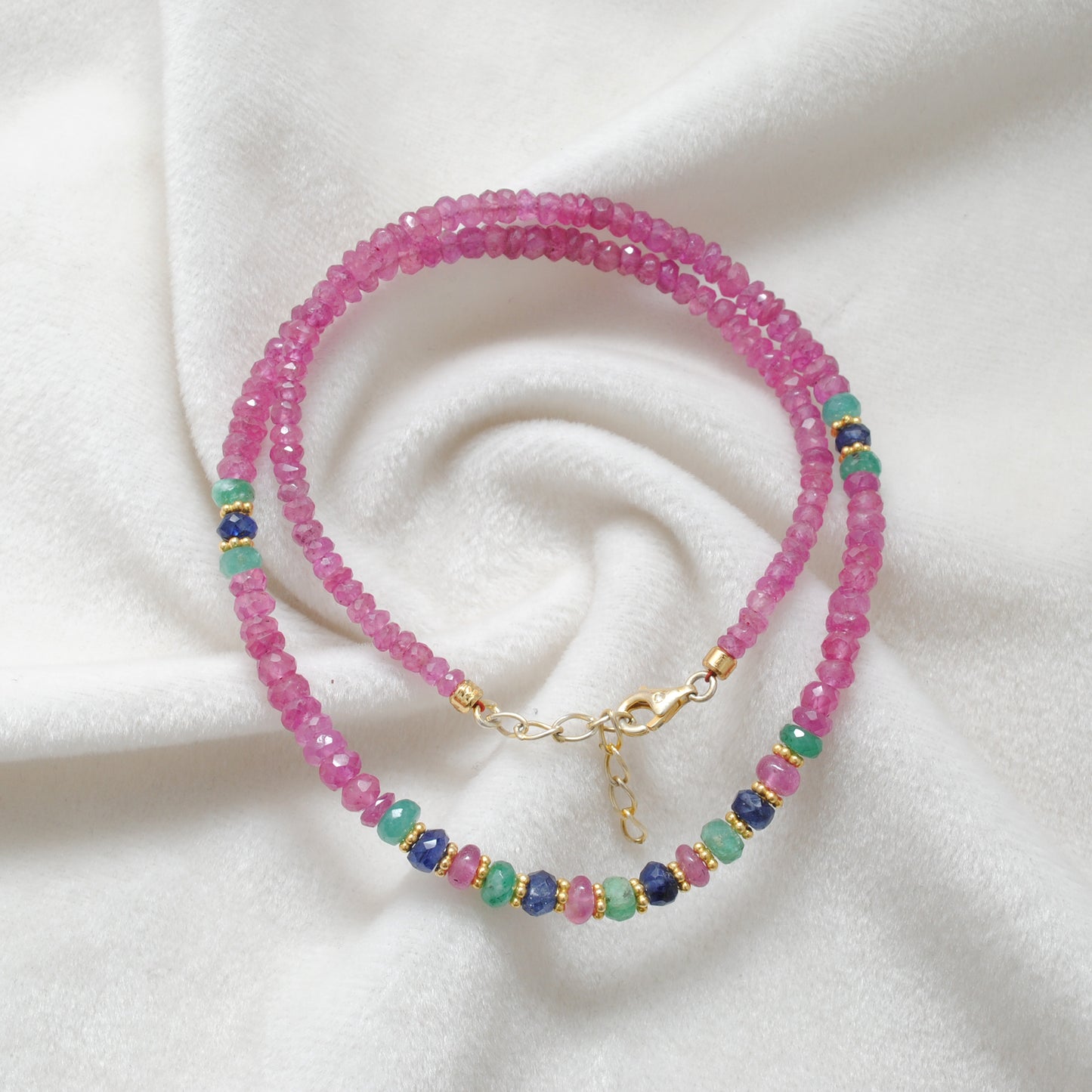 Natural Ruby & Emerald Beaded Necklace – 925 Sterling Silver 18"