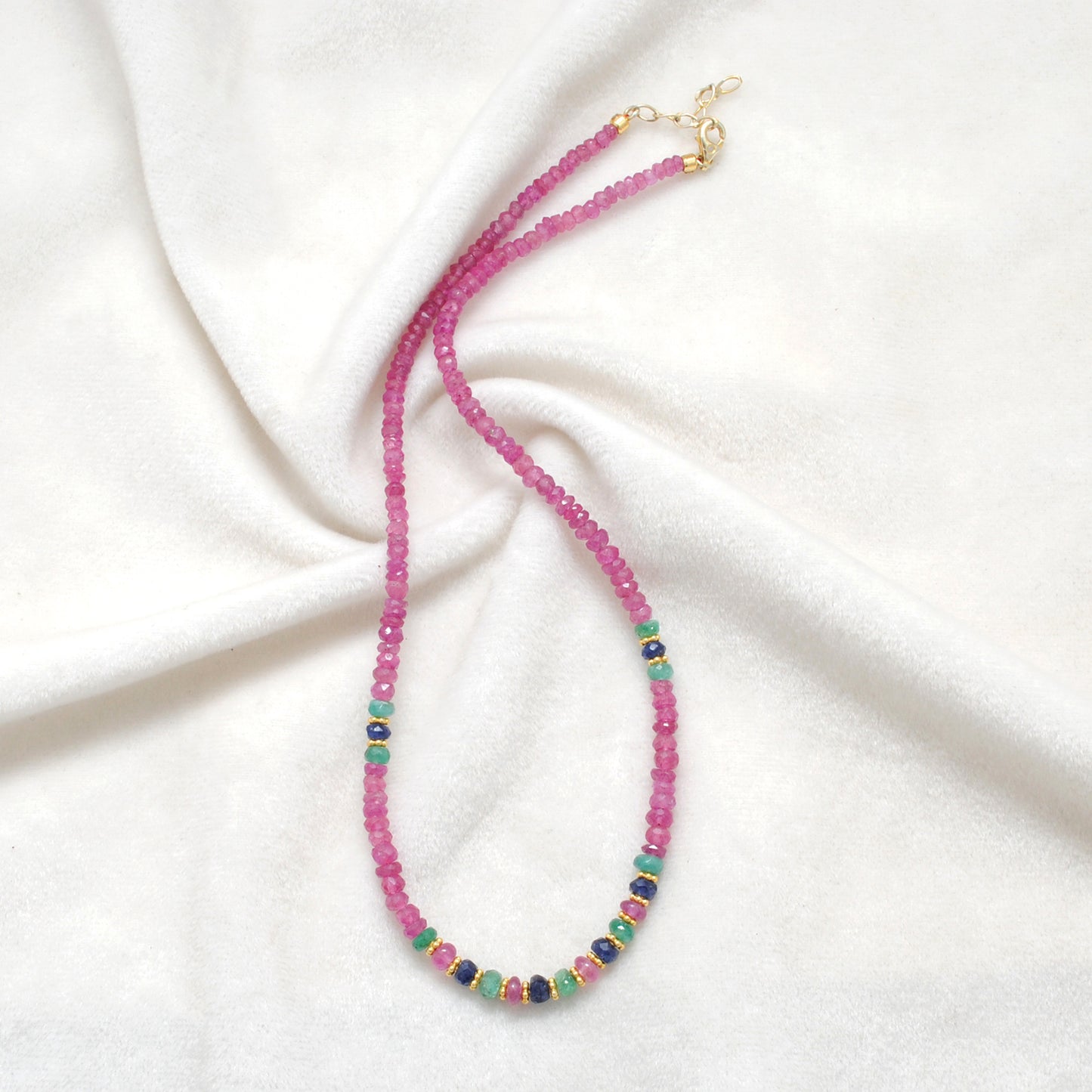 Natural Ruby & Emerald Beaded Necklace – 925 Sterling Silver 18"