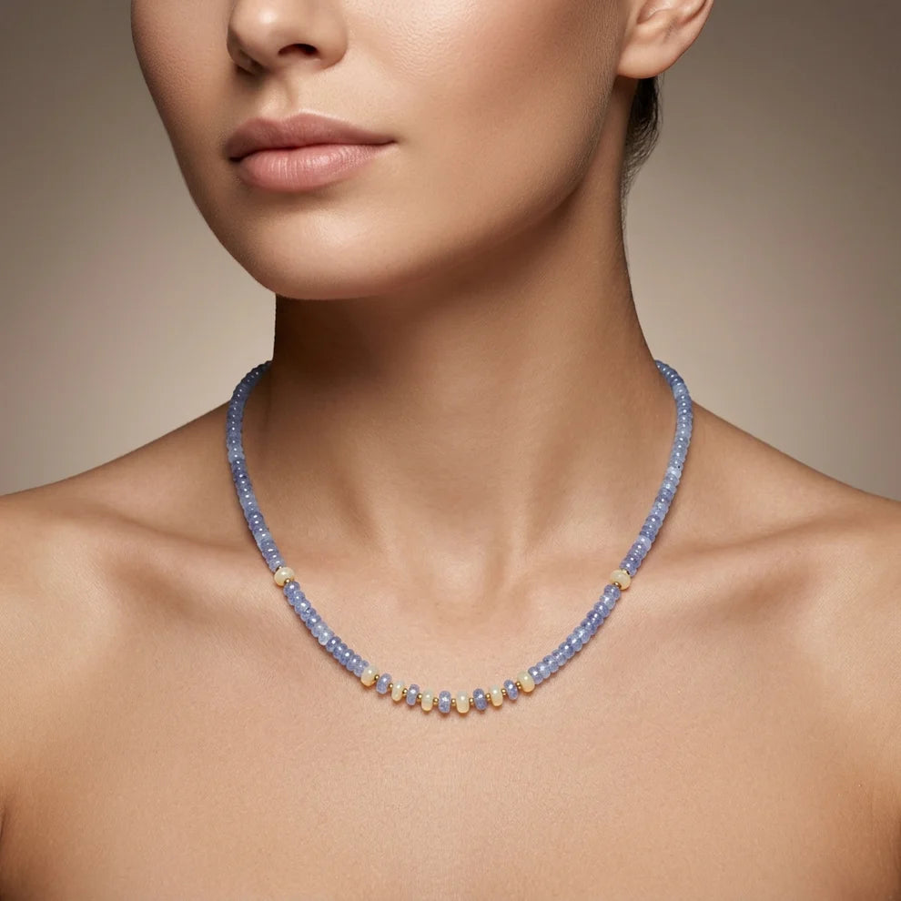 Tanzanite & Ethiopian Opal Necklace – 925 Silver, Faceted Rondelle Beaded Jewelry
