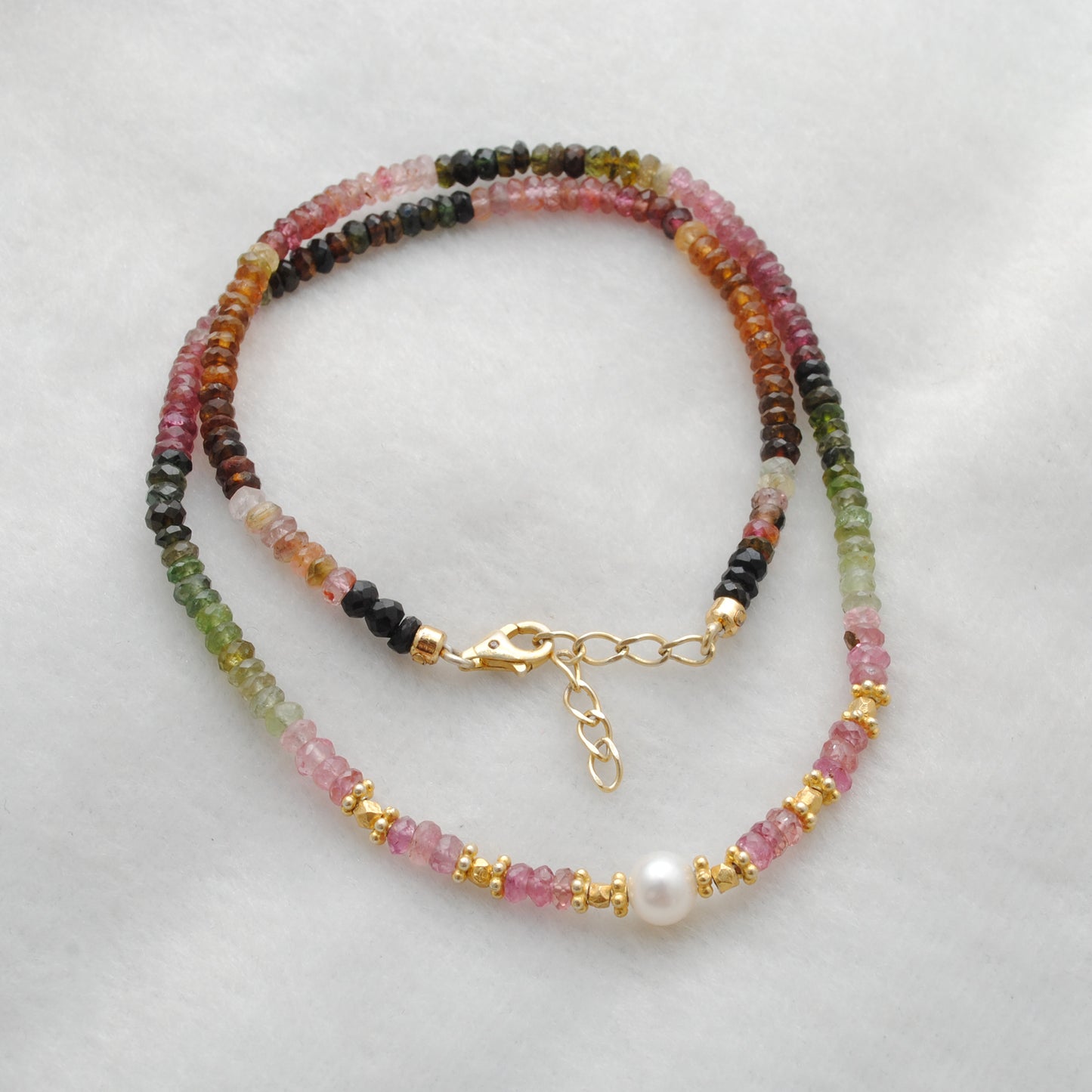 Multi Tourmaline Beaded Necklace with Pearl – Handmade Silver Jewelry