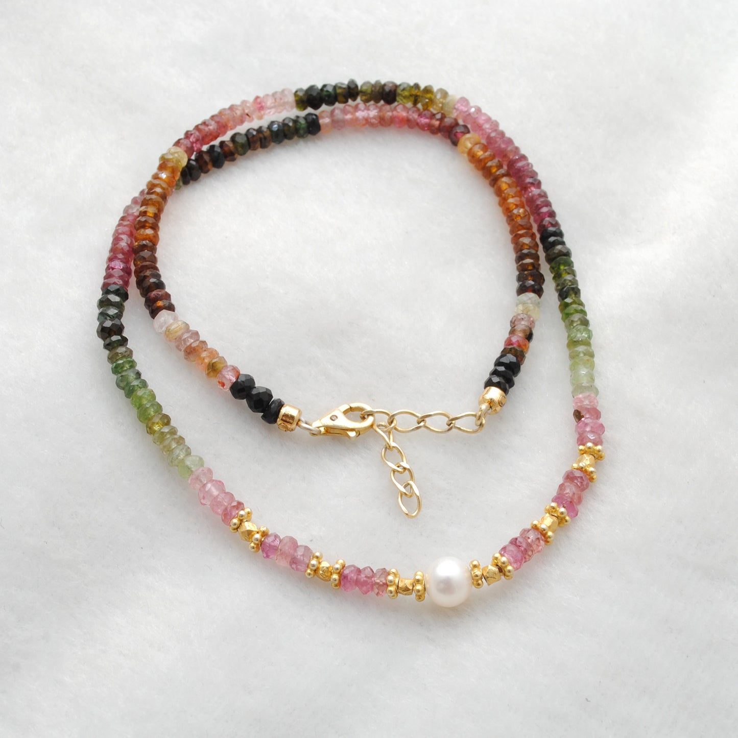 Multi Tourmaline Beaded Necklace with Pearl – Handmade Silver Jewelry
