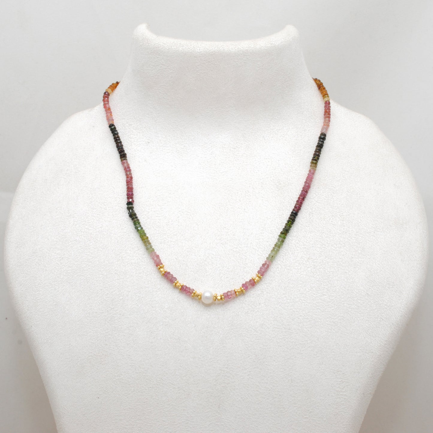 Multi Tourmaline Beaded Necklace with Pearl – Handmade Silver Jewelry