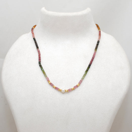 Multi Tourmaline Beaded Necklace with Pearl – Handmade Silver Jewelry