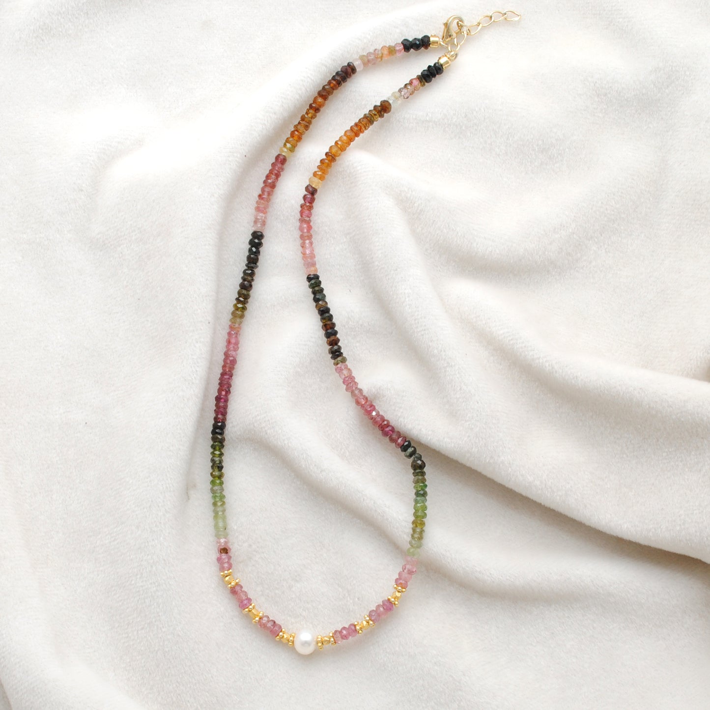 Multi Tourmaline Beaded Necklace with Pearl – Handmade Silver Jewelry