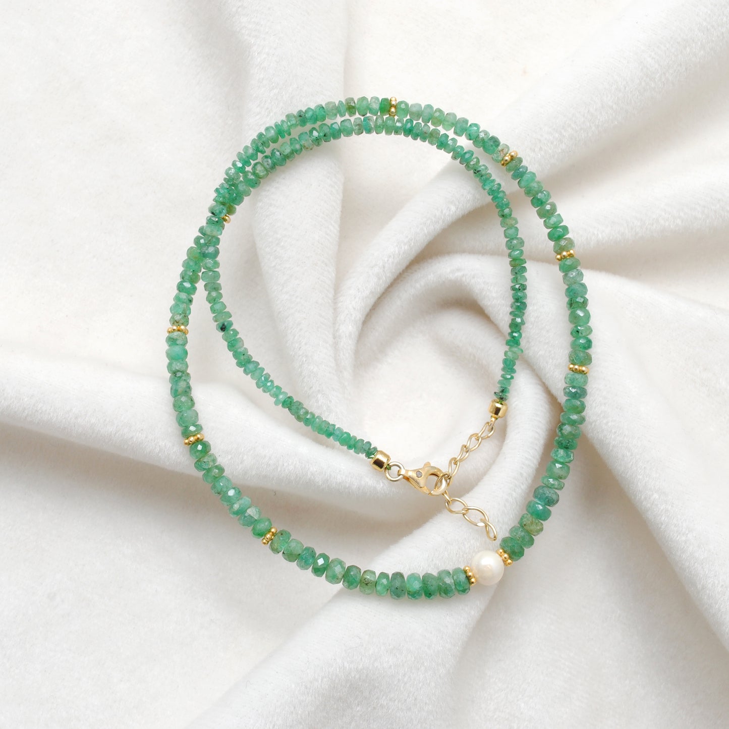 Natural Emerald Beaded Necklace – Micro-Faceted Beads, 925 Silver with Gold Finish