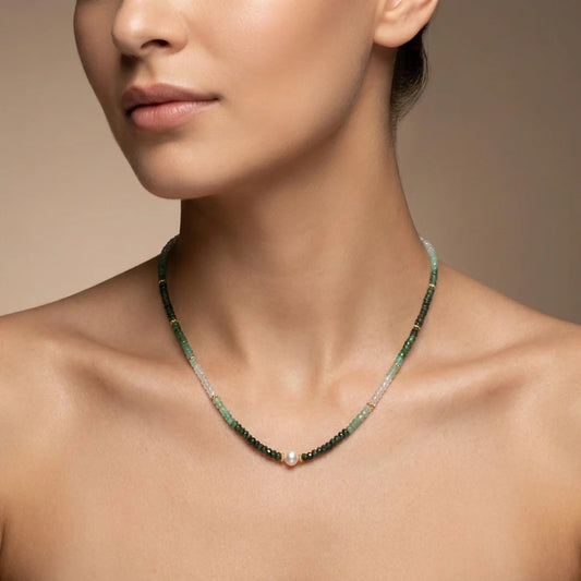 Shaded Emerald Beaded Silver Necklace
