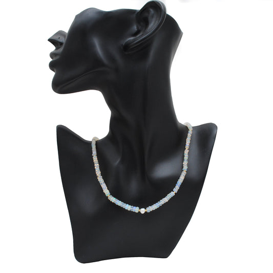 925 Sterling Silver Opal & Freshwater Pearl Beaded Necklace displayed on a bust for elegance.