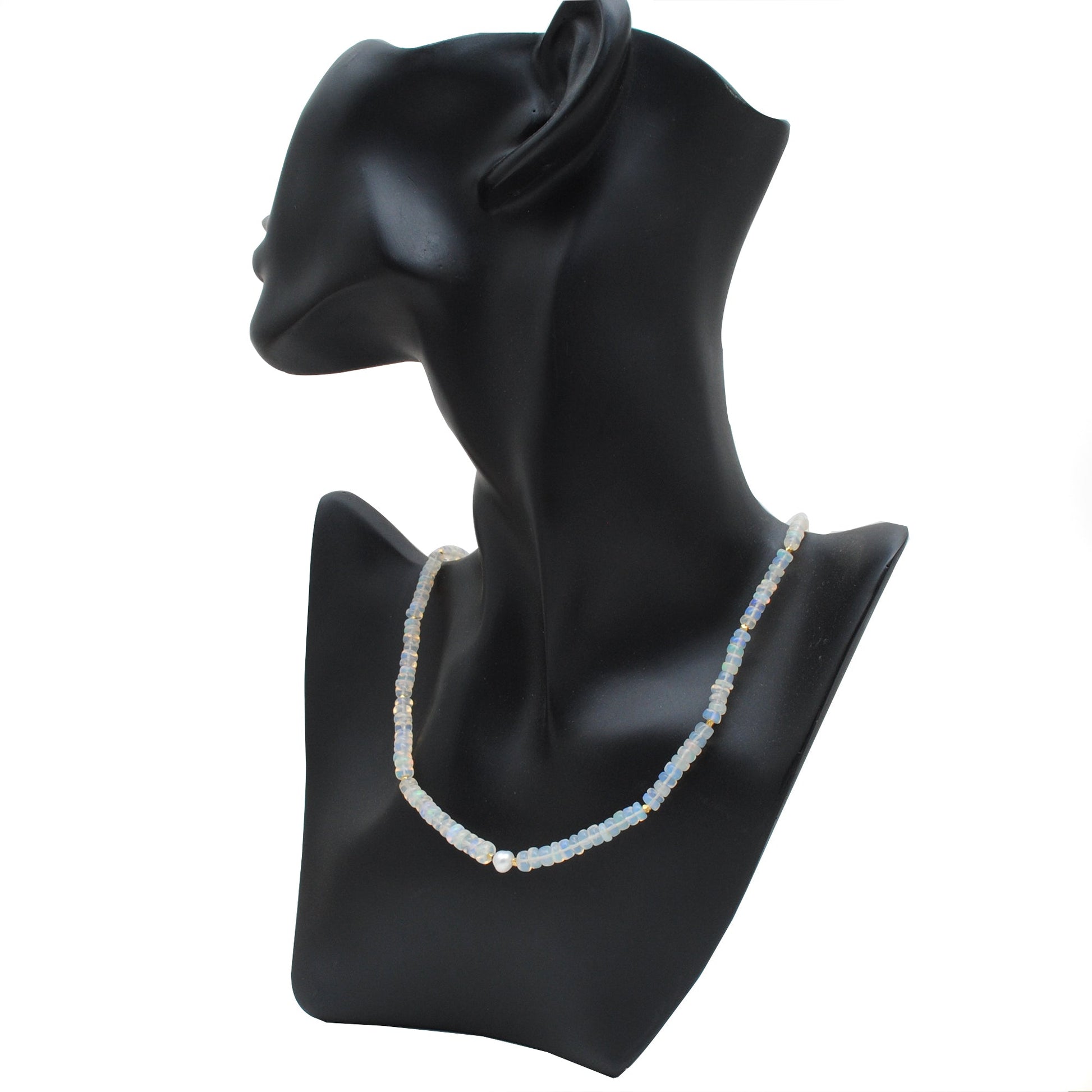 925 Sterling Silver Opal & Freshwater Pearl Beaded Necklace displayed on a black bust for elegant presentation.