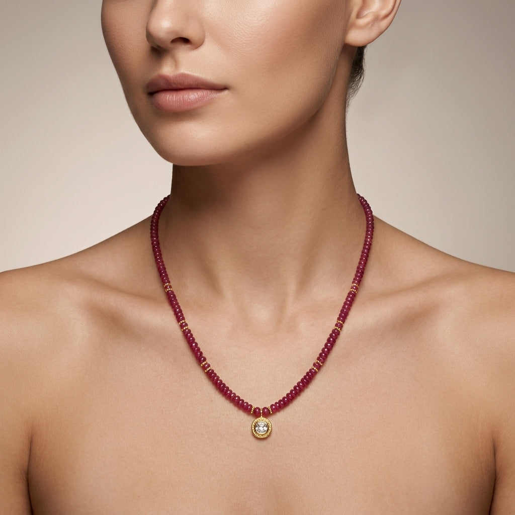 925 Sterling Silver Natural Ruby & Polki Diamond – 20-Inch Necklace