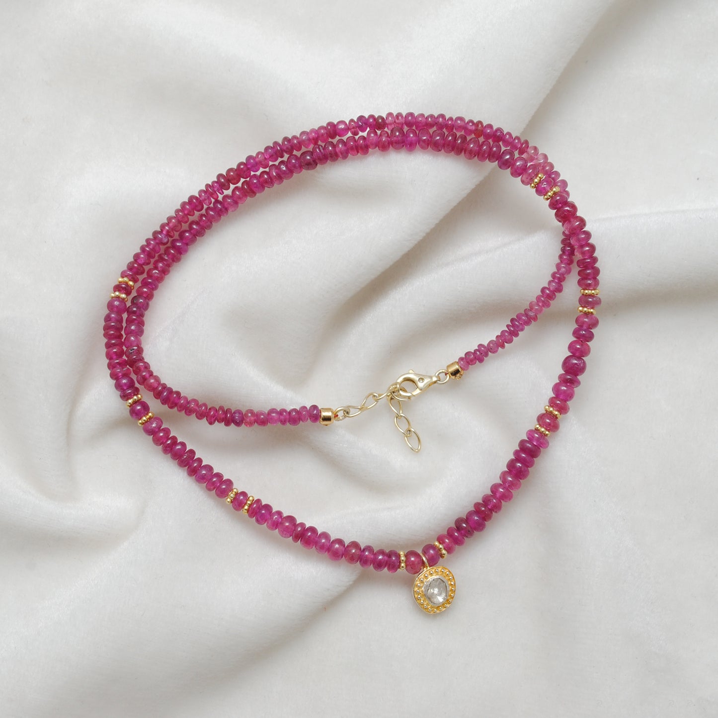 925 Sterling Silver Natural Ruby & Polki Diamond – 20-Inch Necklace