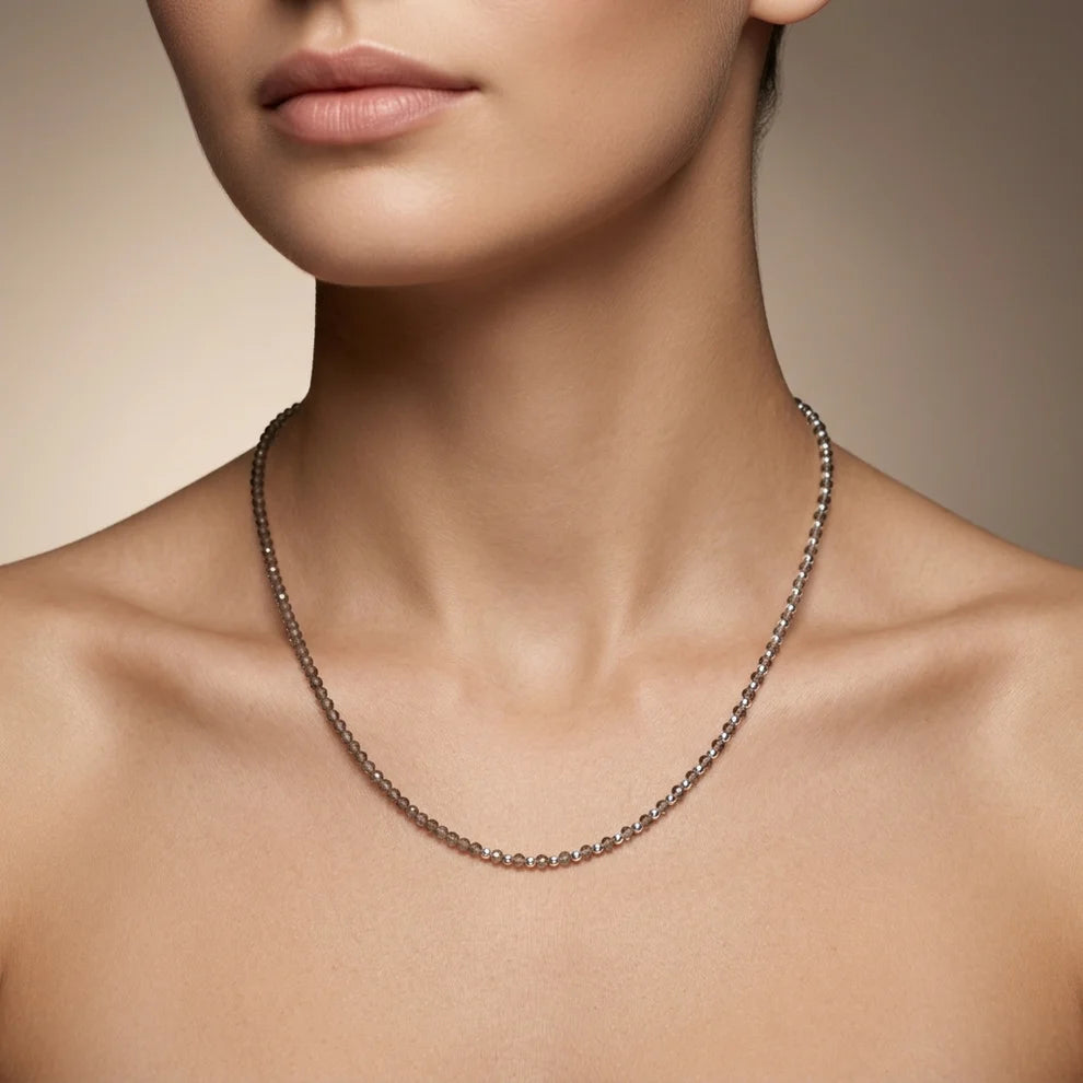 925 Sterling Silver Smoky Quartz Faceted Beaded Necklace, Elegant Jewelry Gift