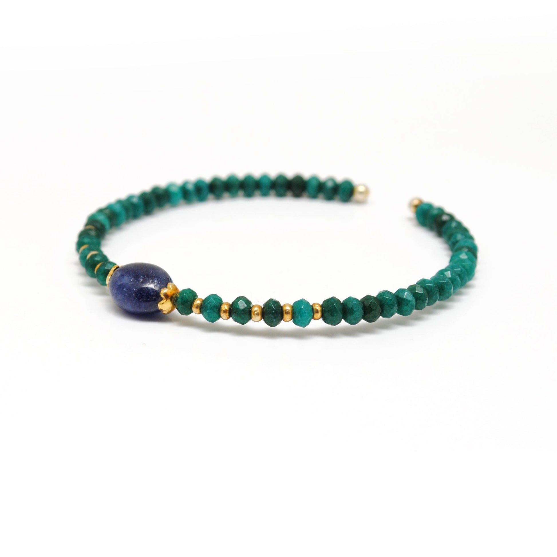 925 Sterling Silver Green Jade & Blue Sapphire Stretchable Beaded Bracelet - Sar Gems
