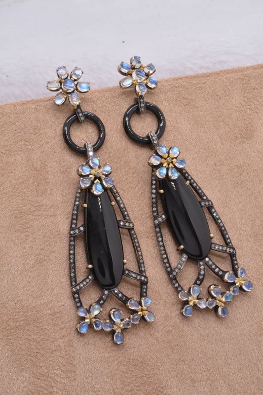 925 Silver Elegant Handcrafted Mixed Stone and CZ Teardrop Earrings
