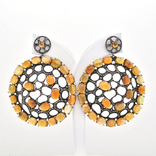 925 Sterling Silver Round Yellow Citrine Statement Earrings