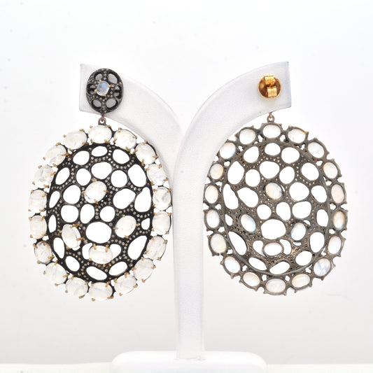 Oval Rainbow Moonstone & CZ Statement Silver Earrings