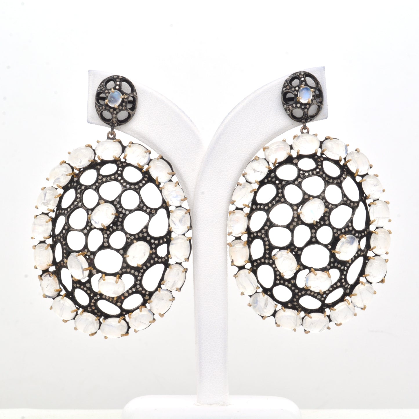 Oval Rainbow Moonstone & CZ Statement Silver Earrings