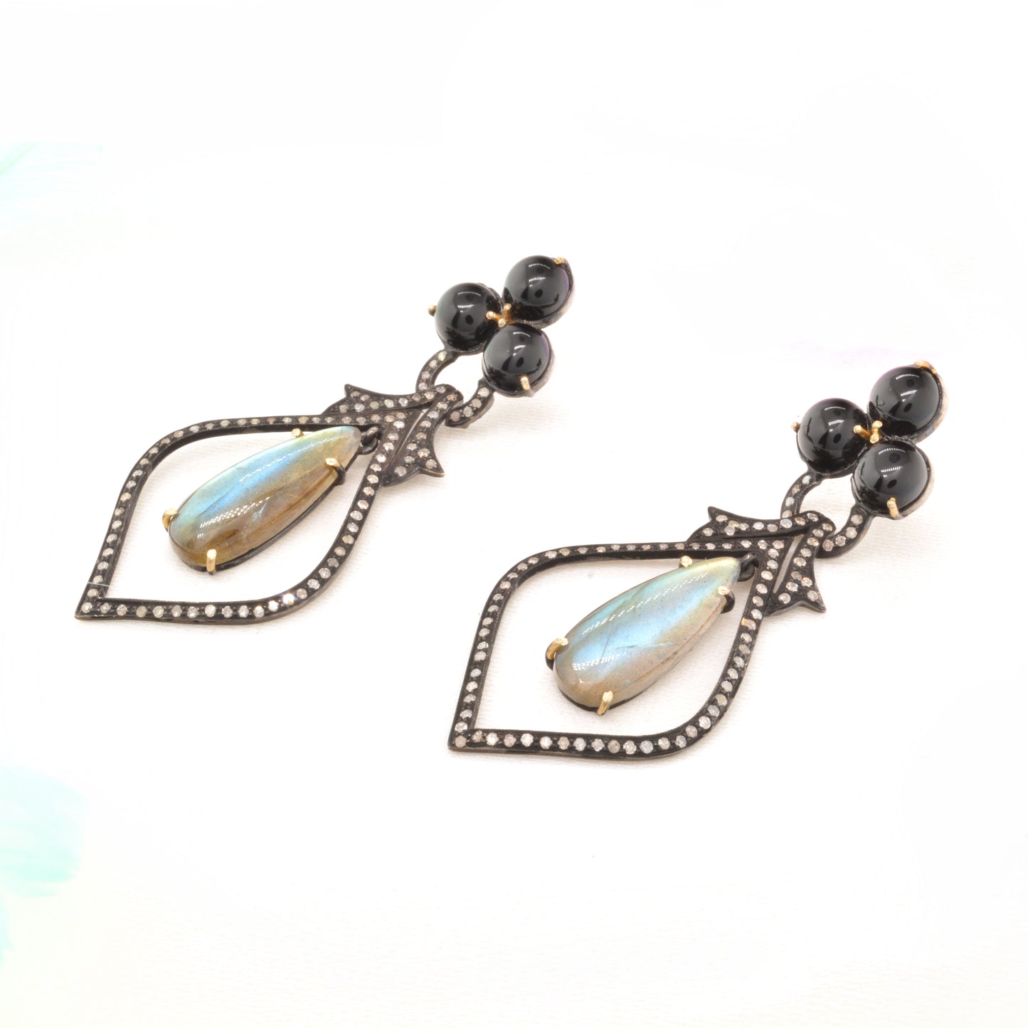 Chic Black and Mixed Stone Teardrop Silver Earrings