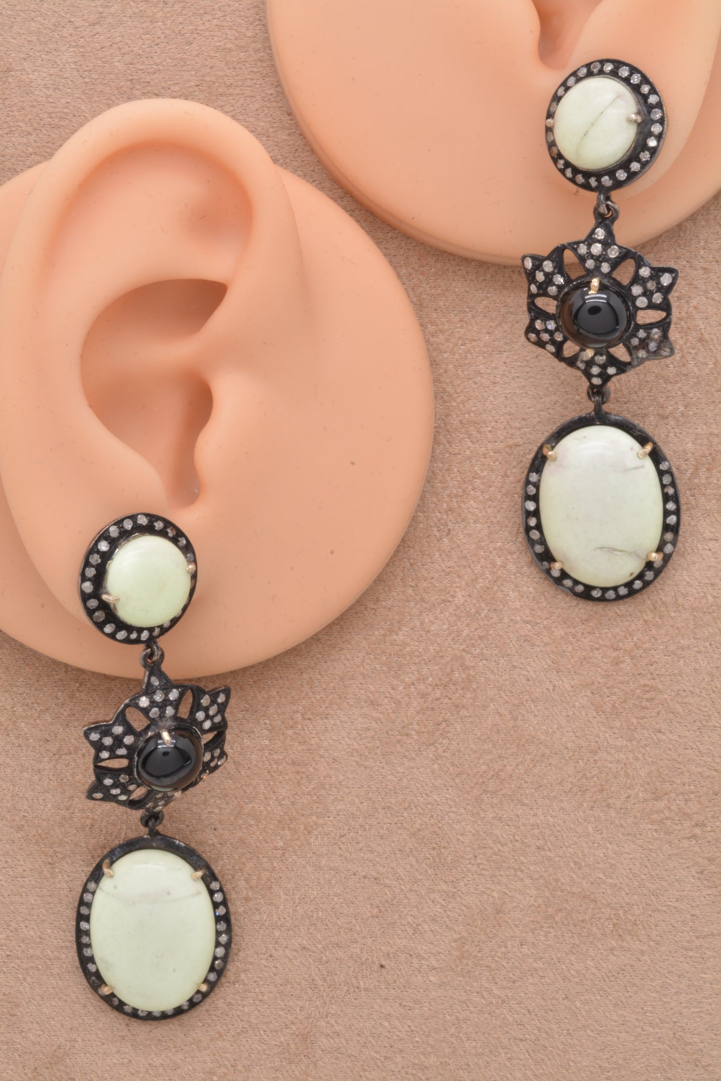 Exquisite Chrysoprase and CZ-Accented Drop Silver Earrings