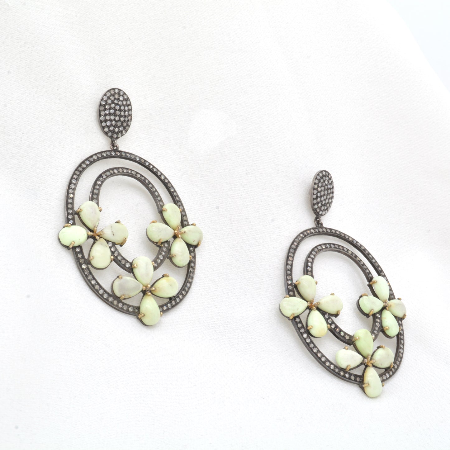 Silver Agate Floral Drop Earrings with CZ Accents