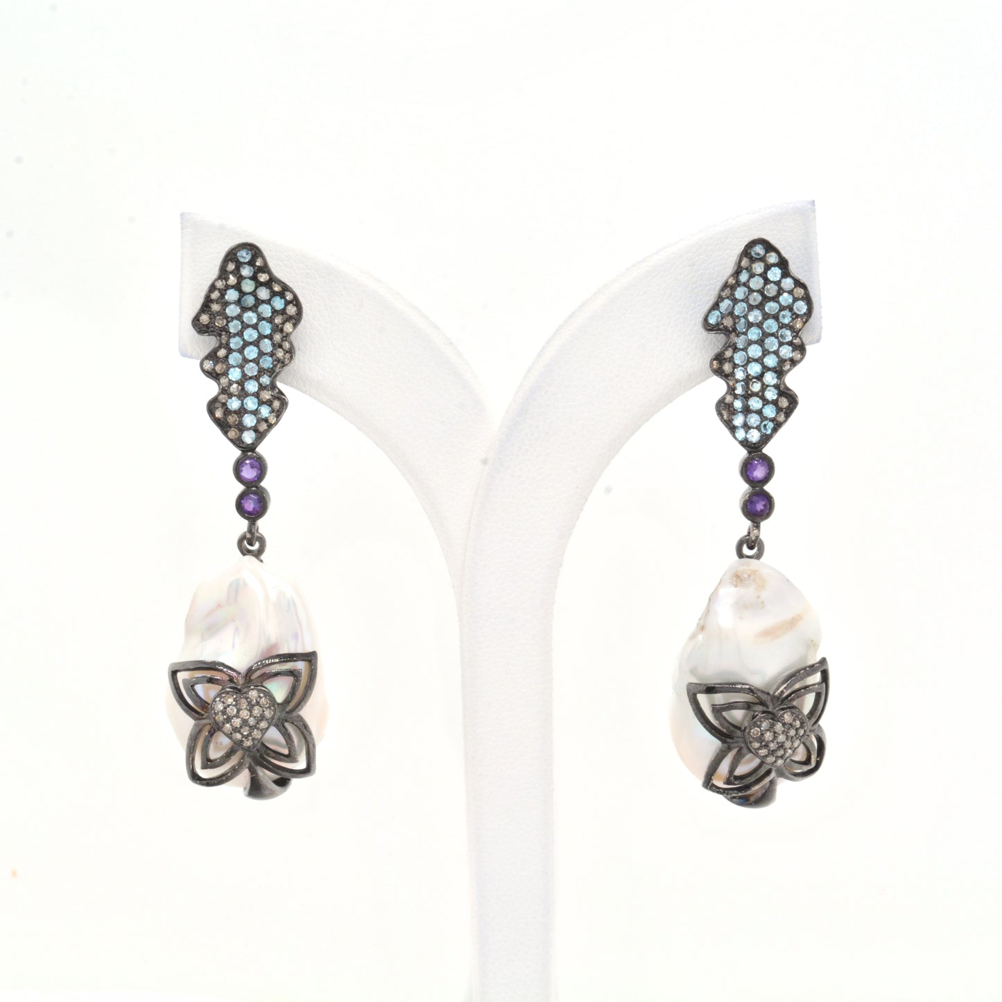 Exquisite 925 Sterling Silver Mixed Stone Floral Drop Earrings