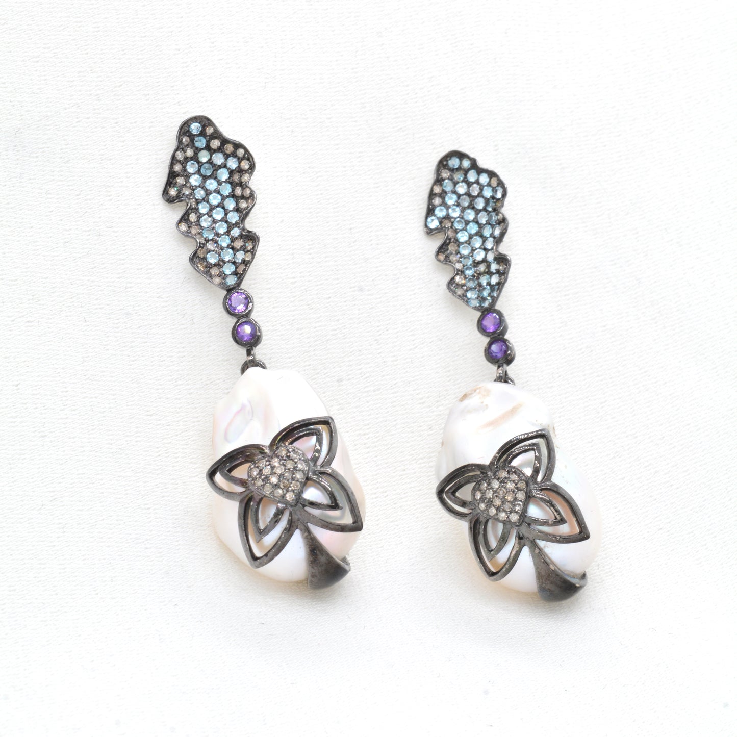 Exquisite 925 Sterling Silver Mixed Stone Floral Drop Earrings