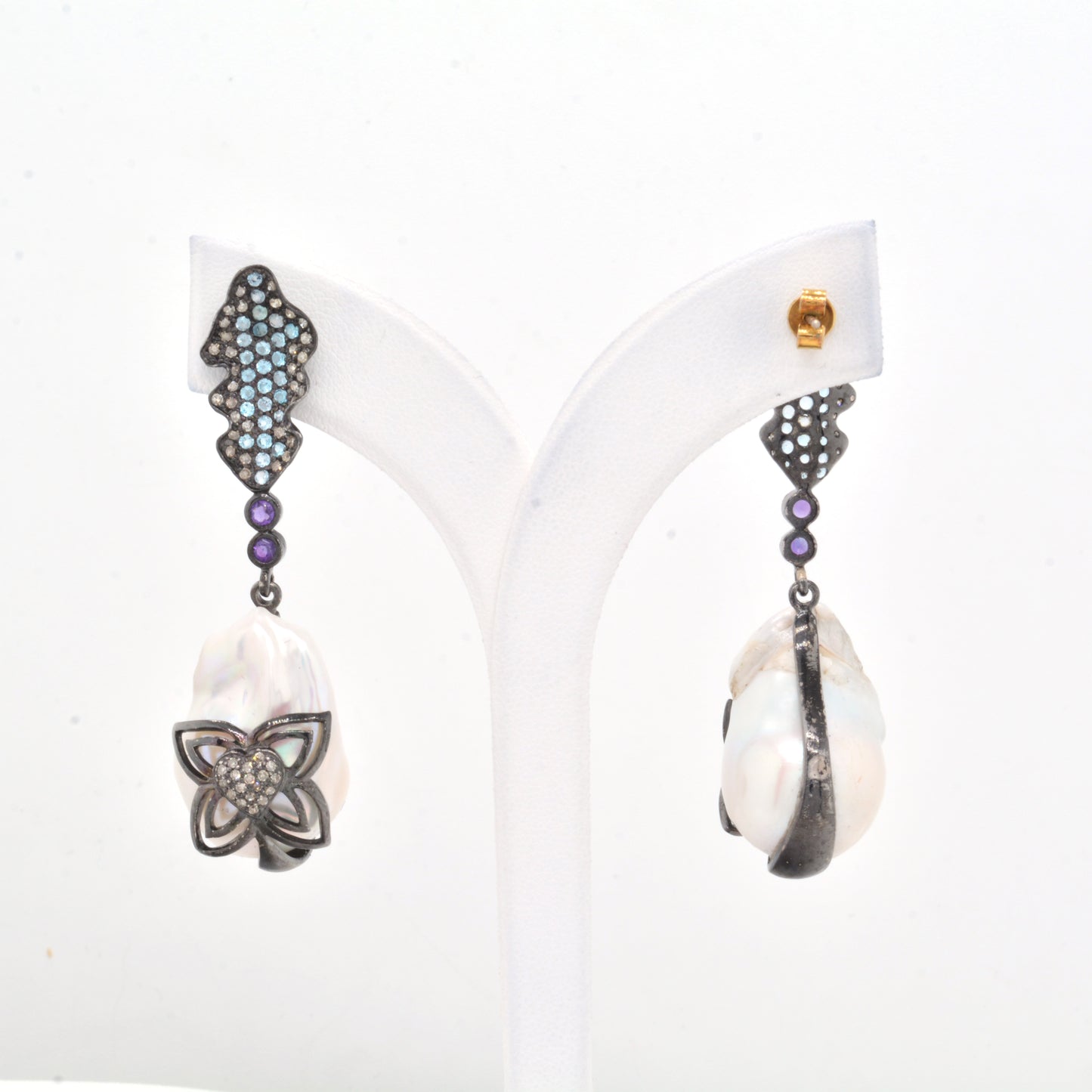 Exquisite 925 Sterling Silver Mixed Stone Floral Drop Earrings
