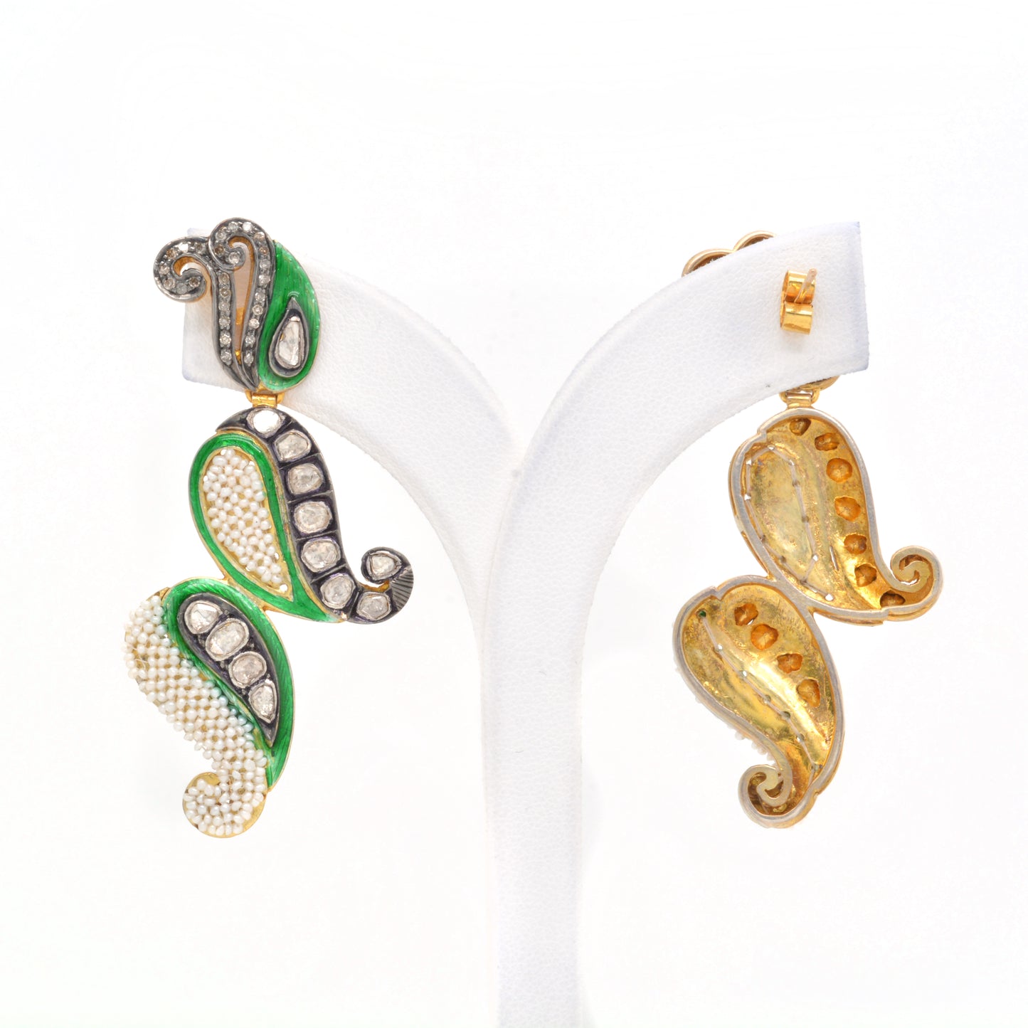 Luxurious Handcrafted Green Enamel and Mixed Stone Drop Earrings