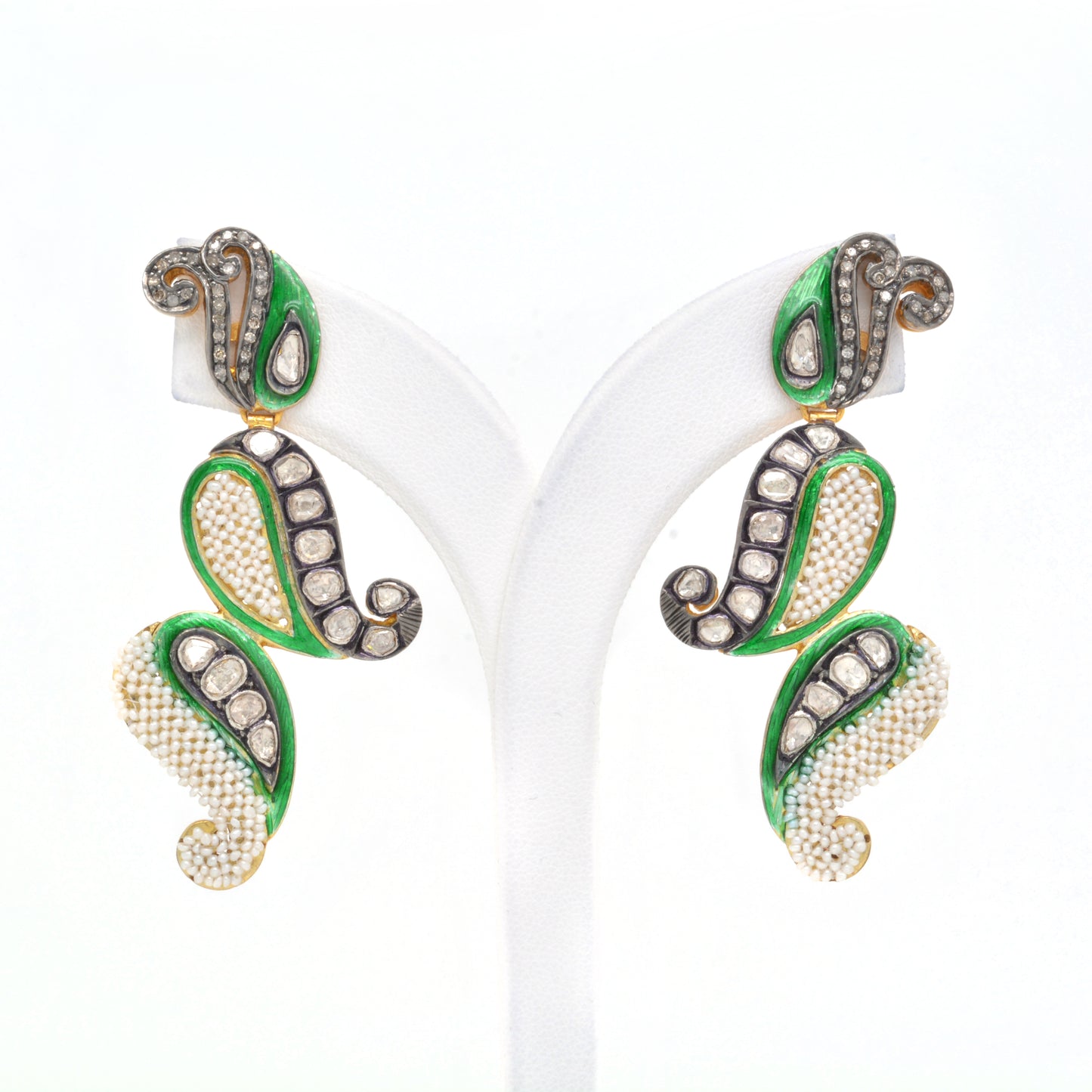 Luxurious Handcrafted Green Enamel and Mixed Stone Drop Earrings