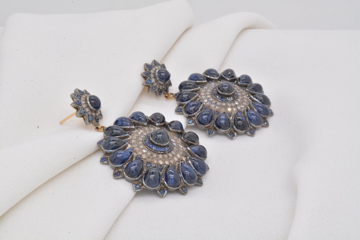 Radiant Handcrafted Sapphire and CZ Floral Drop Silver Earrings