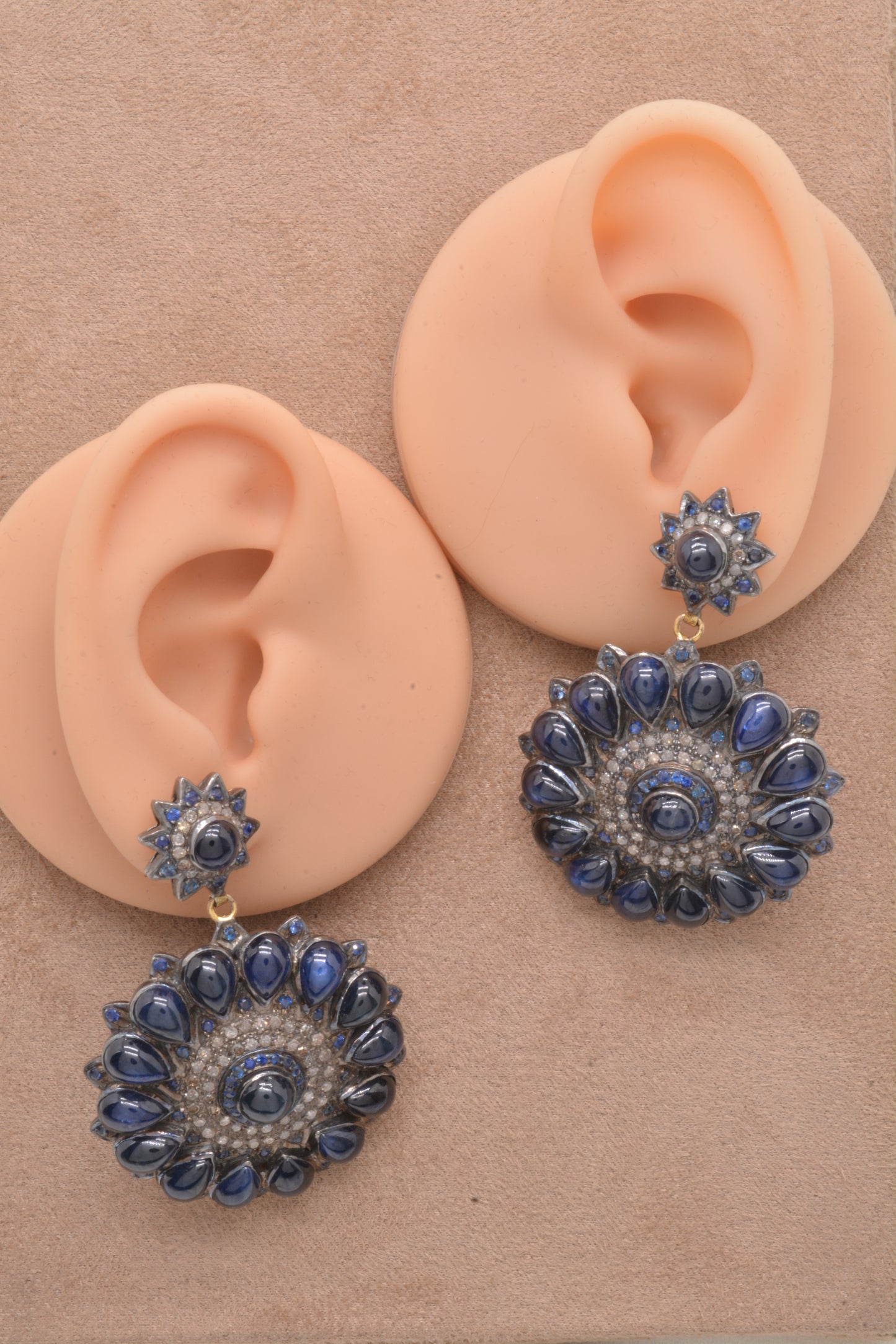 Radiant Handcrafted Sapphire and CZ Floral Drop Silver Earrings