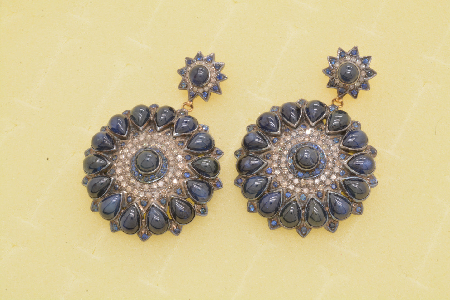 Radiant Handcrafted Sapphire and CZ Floral Drop Silver Earrings