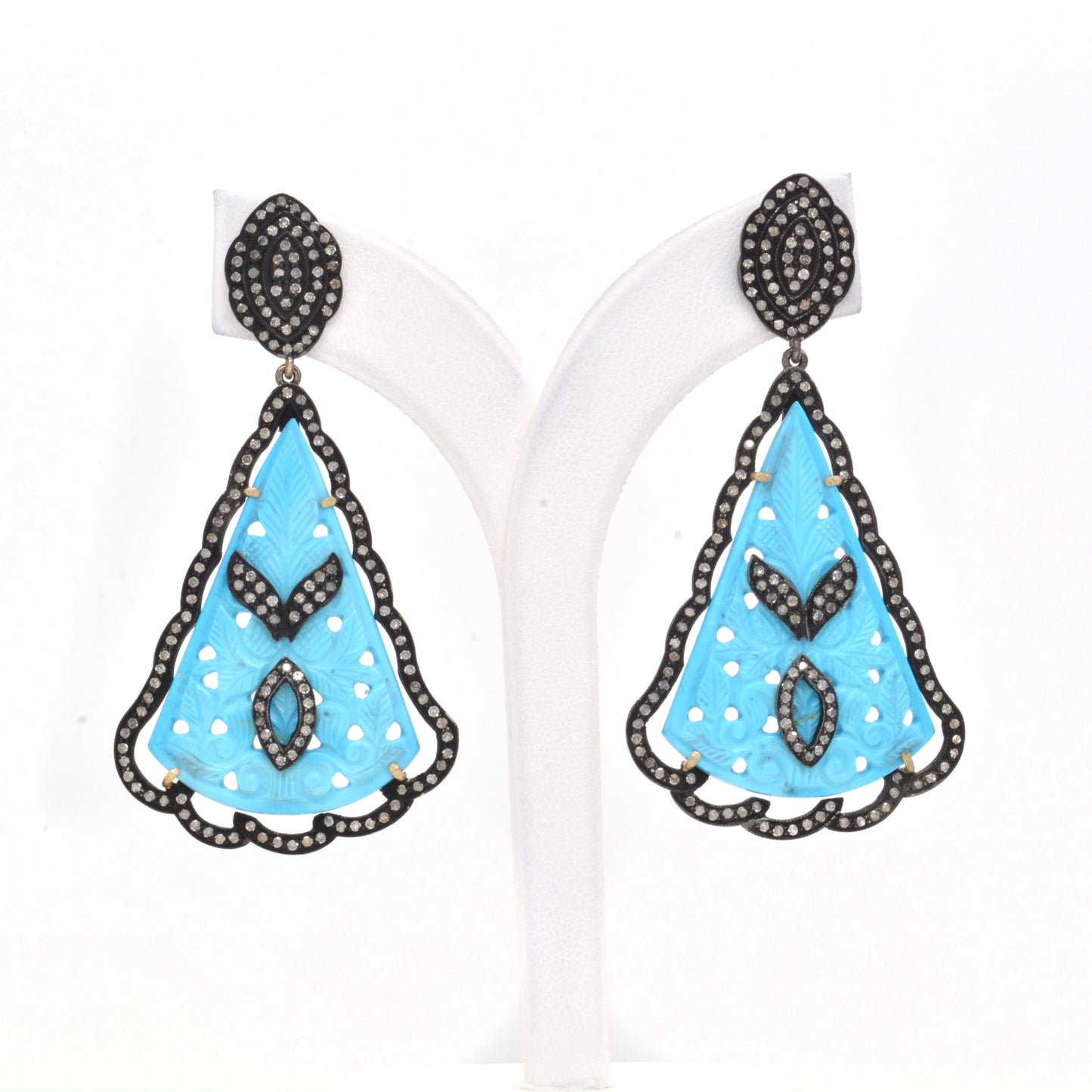 925 Silver Elegant Handcrafted Turquoise and CZ Filigree Drop Earrings