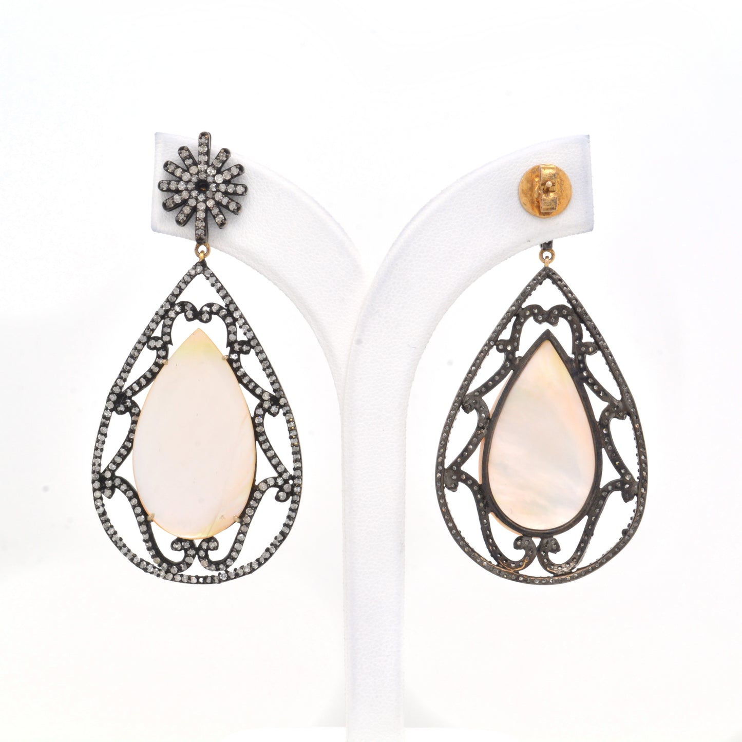 925 Silver Teardrop Mother of Pearl Filigree Dangle Earrings