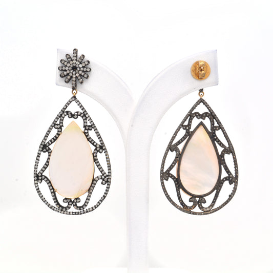 925 Silver Teardrop Mother of Pearl Filigree Dangle Earrings